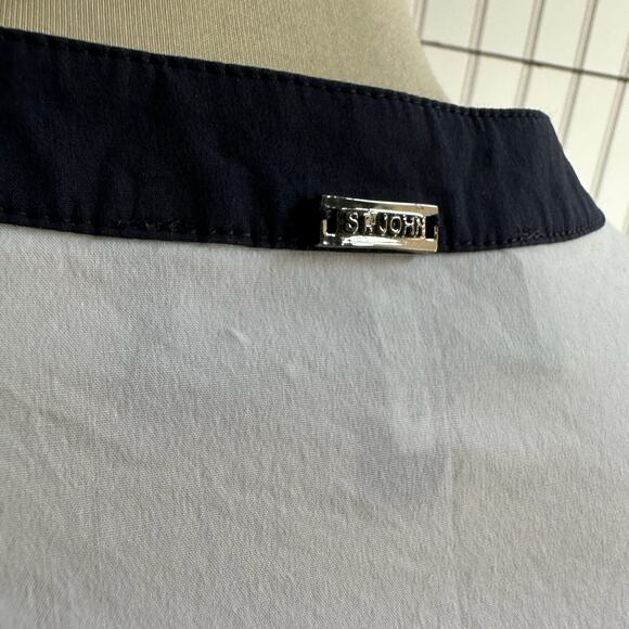 St. John White Navy Stretch Cinched Waist Button Up Size XL - Picture 5 of 8